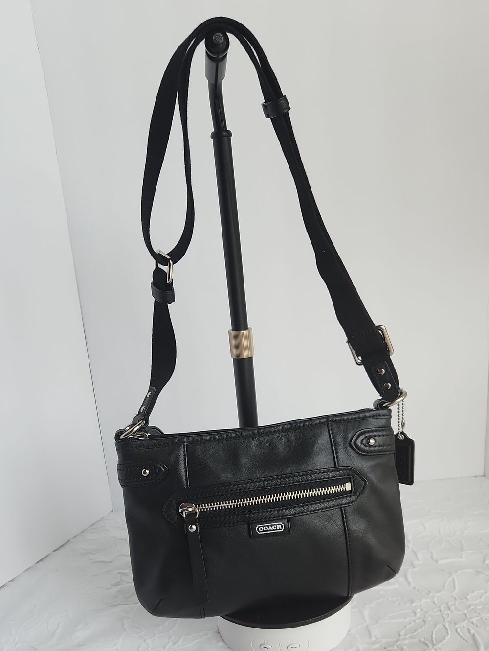 Coach Black Leather Crossbody with Front Zip